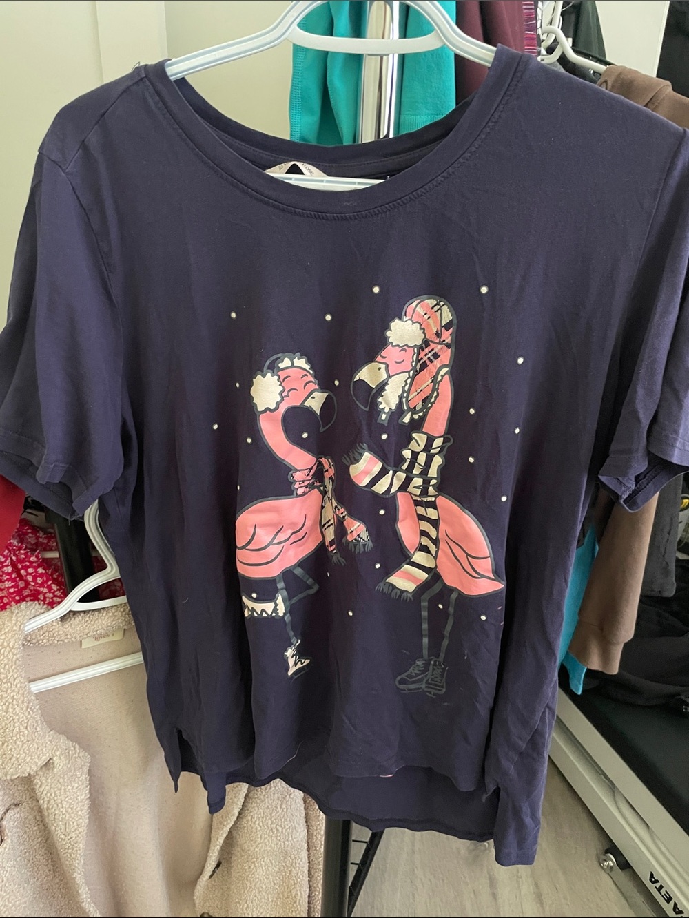 La Vie En Rose Navy Tee with Pink Flamingo Accent